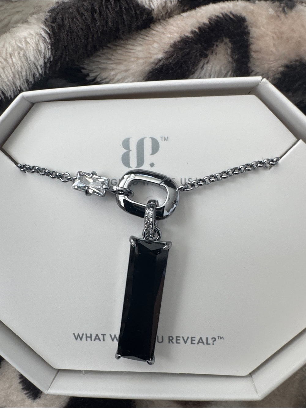 bp Silver-Tone Necklace with Black Rectangular Pendant